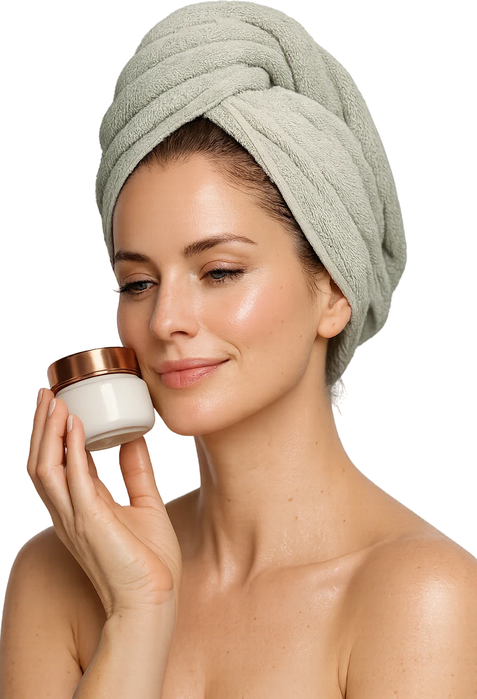 Woman with a sage hair towel and glowing skin holding a cream jar near her cheek