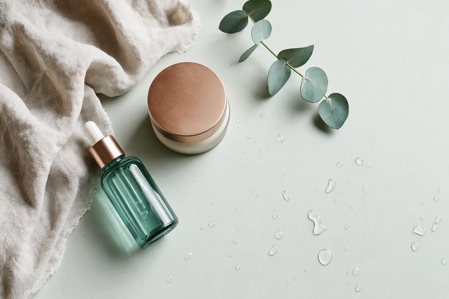 Evening skincare ritual flat lay with teal glass and eucalyptus